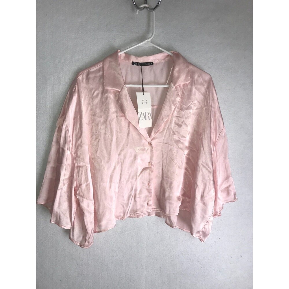 ZARA NEW Rose Pink Satin Crop Top Blouse Button Shirt Sz M NWT